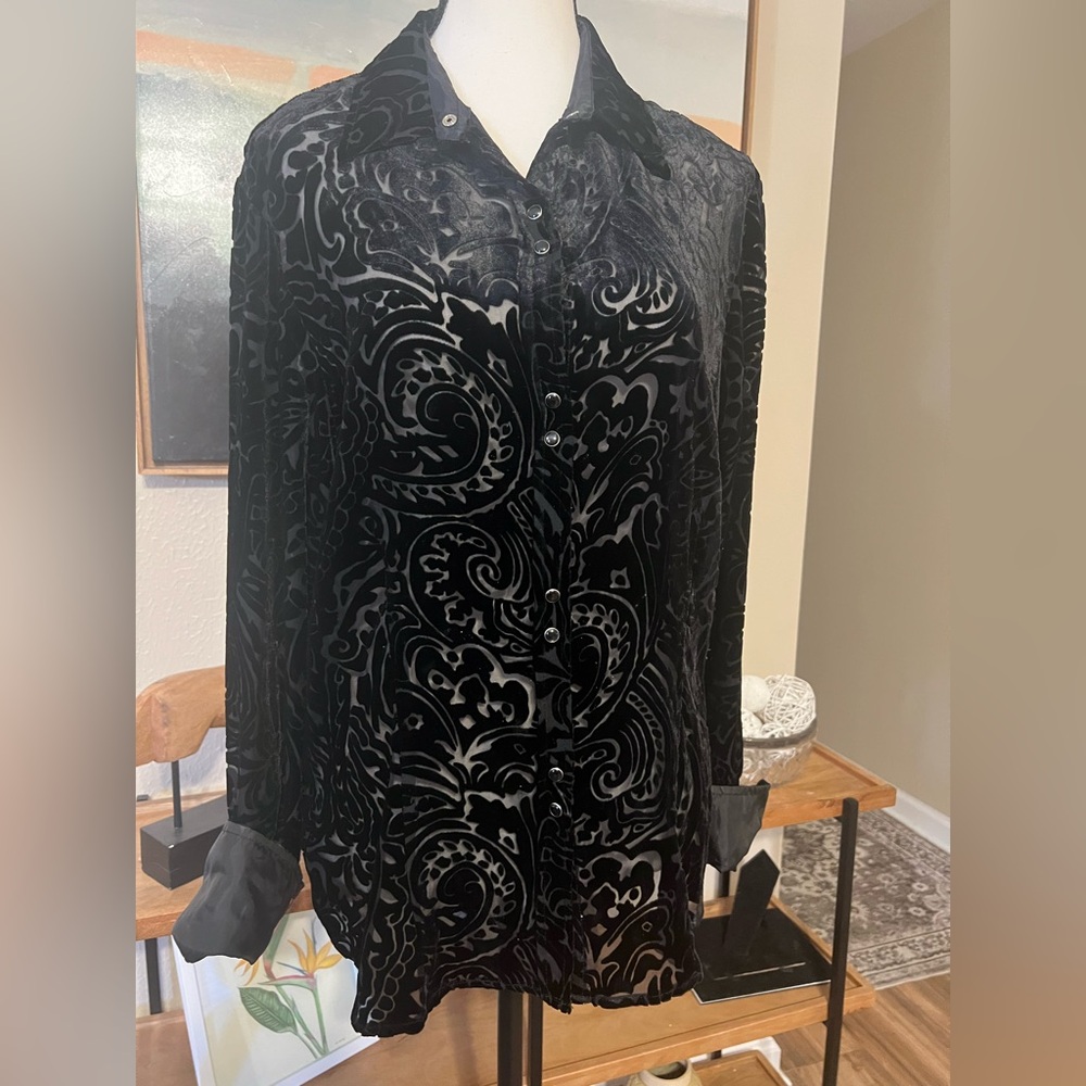 Roper Black Silk Blend Velvet Flocked Mesh Paisley Western Pearl Snap Shirt L - Picture 2 of 9